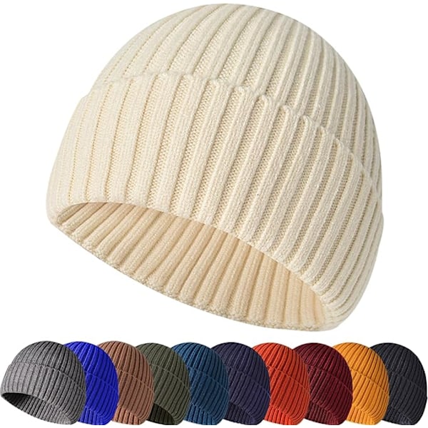 Vinterlue, Unisex Elastisk Myk Strikket Lue med Kant, Termisk Stripete Rullbar Kant Vinterlue, Beige