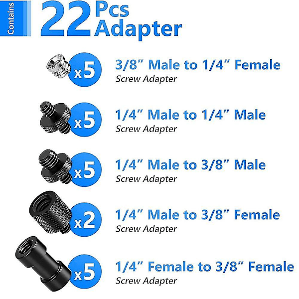 22 stk. 1/4 tommer til 1/4 tommer og 1/4 tommer til 3/8 tommer kamera stativ montering