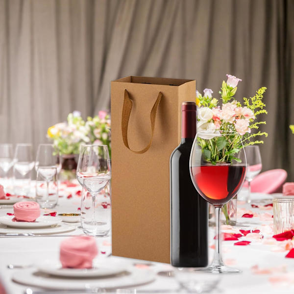 12 stk Vin Gaveposer Enkeltflaske, Vinflaske Gaveposer, Robuste Gjenbrukbare Kraftpapir Vinbærepose med Håndtak for Jubileer, Fest, Jul Brown