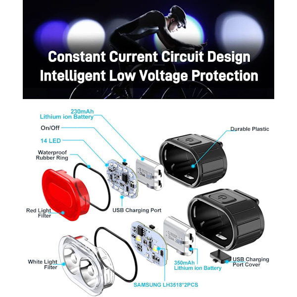 USB-oppladbart sykkellyssett, 350 Lumen Super Lys Front- og Baklys, Vanntett IPX5, 4/6 Moduser, Minne for Modus