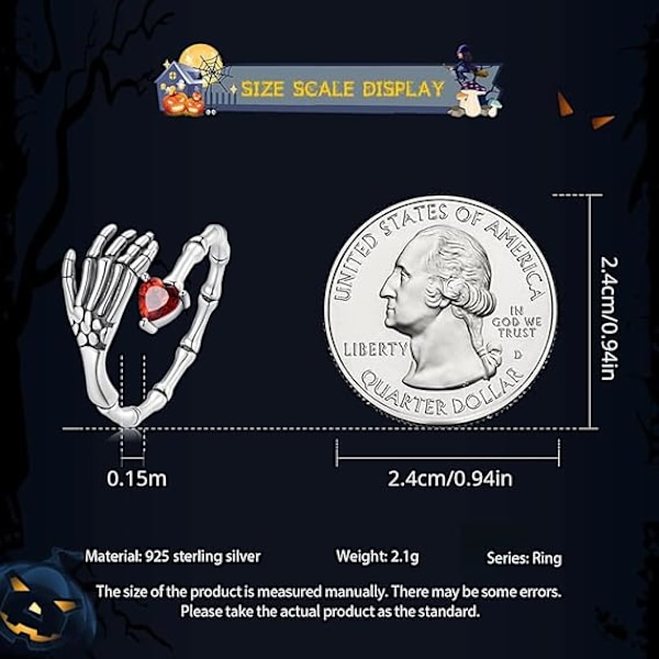 Gotisk Skjelett Hånd Sterling Åpen Statement Ringer Rød Krystall Hjerte Vintage Skalle Plam Wrap Finger Band Justerbar Biker Ringer Halloween