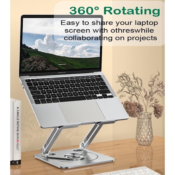 Laptopstativ för skrivbord, justerbart aluminiumstativ med 360° roterande bas, hopfällbar ergonomisk höjare, bärbar hållare kompatibel