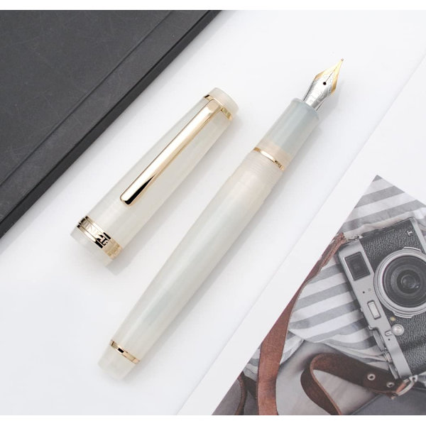 Celluloid Fyrfjerpen Akryl Blækpen med Blæk Konverter (Fin Nib, Guld Klips - Transparent Hvid)