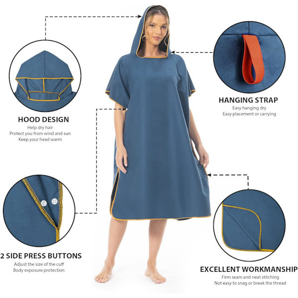 Ombyte poncho i mikrofiber med huva, lämplig för strand, surfing, simning, våtdräktsbyte, snabbtorkande och lätt
