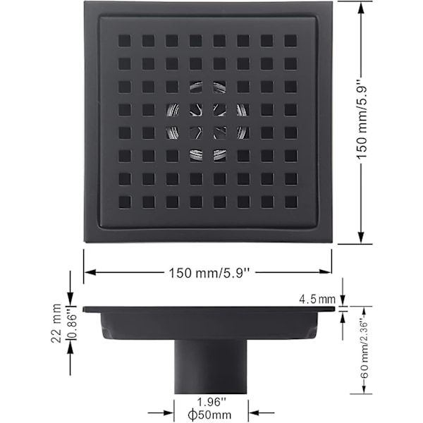 6\" Kvadratisk Dusjgulvrist Svart Matt, Gitter Med Avtakbart Deksel, Sus304 Rustfritt Stål