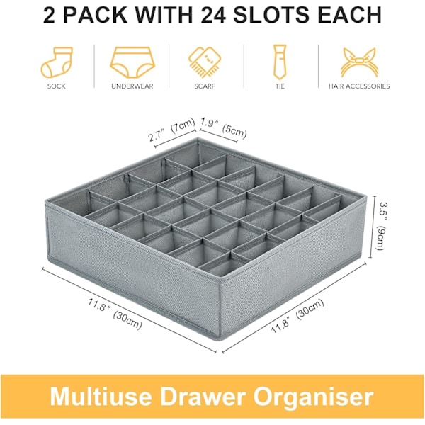 2 stk Skuffeorganisatorer 24 Rum Sok Organiser Foldbar Undertøjs Skuffe Organiser Stof Skuffedeler Garderobe Opbevaring