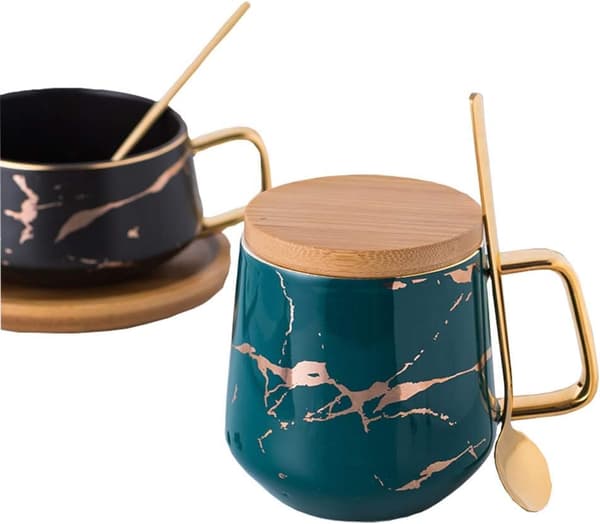 Porslin Te Kopp Kaffe Mugg Set för Eftermiddagste - Marmormönster Green Tall