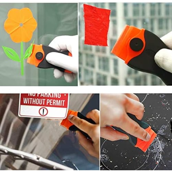 Plastskrapa med 10 plastskrapor, limremover, klisterborttagare för att ta bort etiketter, lim, dekaler på glas, fönster, golv, orange