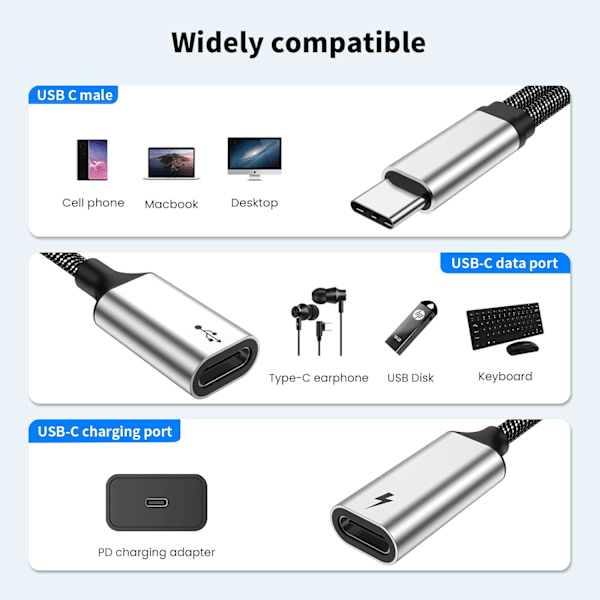 USB-C -jakaja PD 60W pikalatauksella ja datansiirrolla (tukee digitaalisia kuulokkeita, EI näyttöä), USB-C -naarasliitin USB-C -urosliittimeen