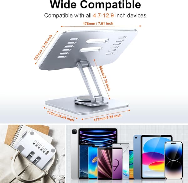 Tablettstativ, iPad-stativholder, Aluminium 360° roterende sammenleggbart skjermstativ