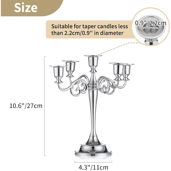 Silver Candelabra Ljusstake - Ljusstakar 5-armad 27cm Hög Ljusstake Stativ för Spetsljus