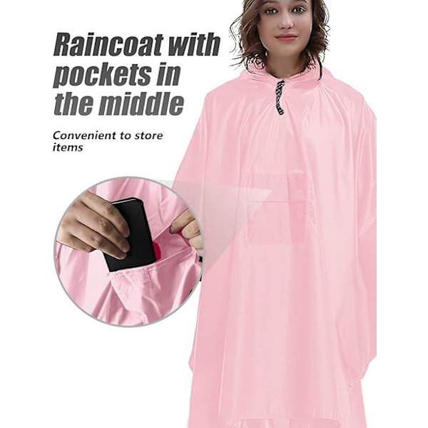 Vattentät poncho för vuxna, återanvändbar regnponcho för vuxna, vattentät poncho, vattentät vuxen, lätt vattentät regnrock för utomhusvandring camping Pink