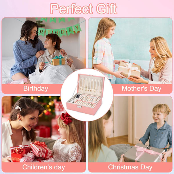 2-lags Stor Smykke Organiser Box, PU Læder, Smykke Organiser til Øreringe Ringe Halskæder Ure Armbånd Pink