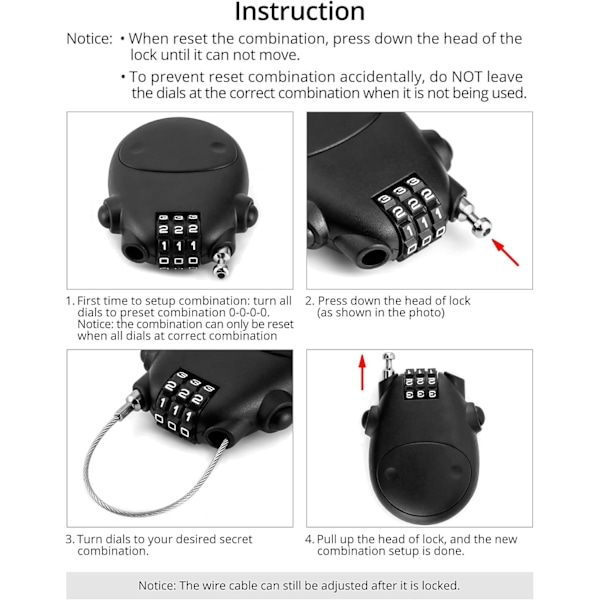 3-cifret kombinationsslås, kabellås, sikkerhedskode-lås, 77 cm indtrækkelig kabel til bagage, cykel, ski, snowboard