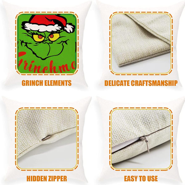 Juleputetrekksett med 4, 45 x 45 cm Bomullslin Sofa Putetrekk Deksel Pute Glidelås Kvadratiske Putetrekk for Juledekorasjoner