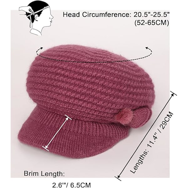 Beanie-luer for kvinner Vinterluer Fleecefôret Beanie Blomsterstrikket Luer Dame Beret Luer med Bredbrem Cloche Luer Termisk Luer Dame Caps Ull, Rosa