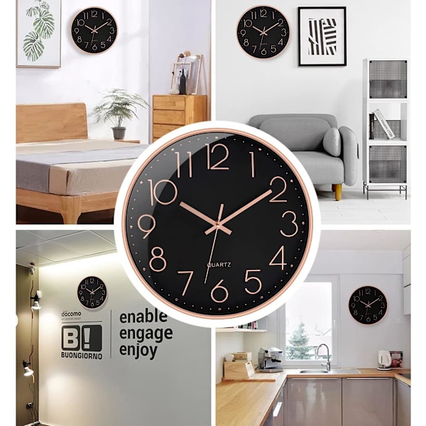 Klocka Tyst & Stor Väggklocka för Vardagsrum Kontor Hem Kök Dekor Modern Stil & Lätt att Läsa - Ros Guld & Svart