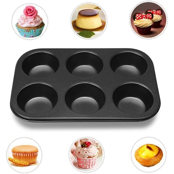 6 Kopper Muffinbakke - Non-stick BPA Fri & Opvaskemaskine Sikker Cupcake Pan Sort
