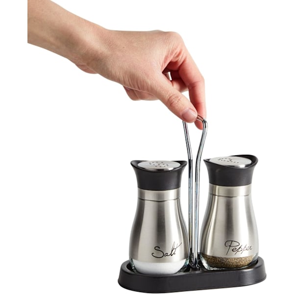 Salt- og pepperbøsse sett med holder, moderne rustfritt stål og glassdispenser, 3 deler totalt, 118ml Silver