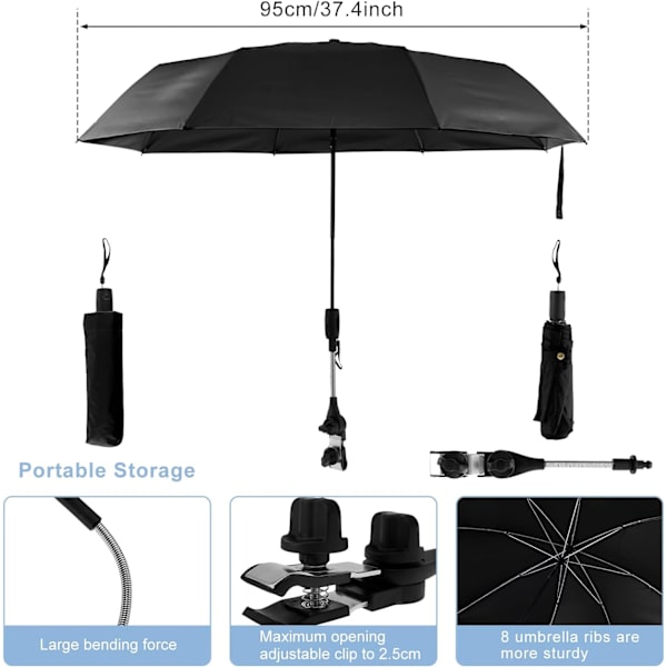 Universal Barnevogn Parasol 360° Justerbar Stroller Parasol UPF 50+ Solbeskyttelse Stroller Parasol med Justerbar Klemme Black