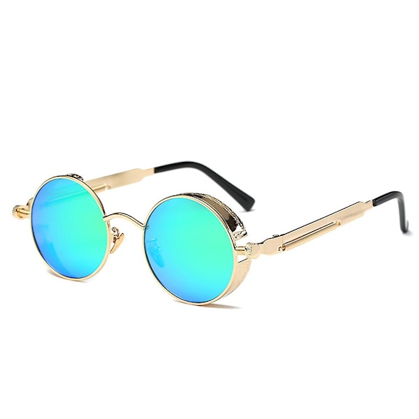 Miesten ja naisten retro-vintage-lasit steampunk-pyöreät metalliset UV400-aurinkolasit Golden   Blue