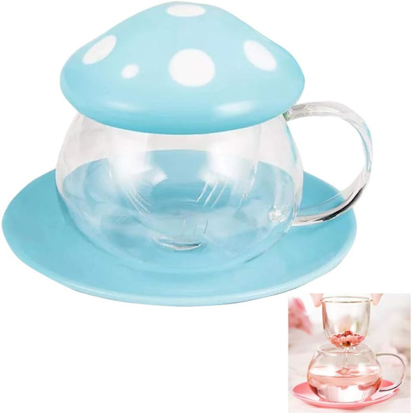 290ML Svampp Glas Tekopp med Infuser med Silfilter, Keramisk Lock och Underlägg för Hem och Kontor Användning Blue
