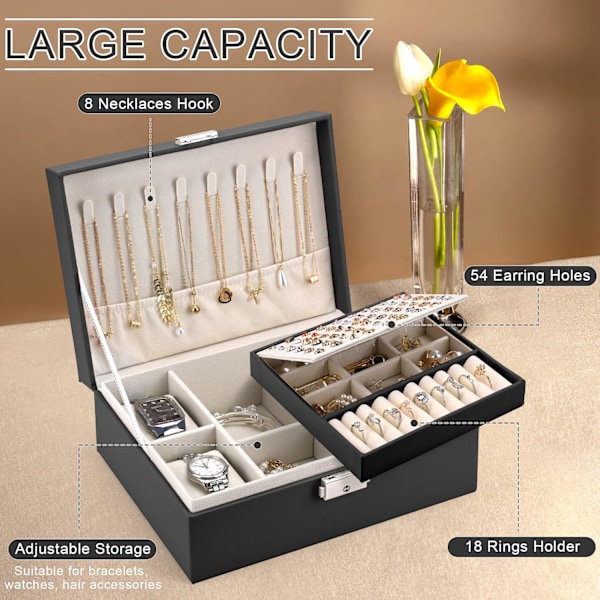 2-lags Stor Smykke Organiser Box, PU Læder, Smykke Organiser til Øreringe Ringe Halskæder Ure Armbånd Black