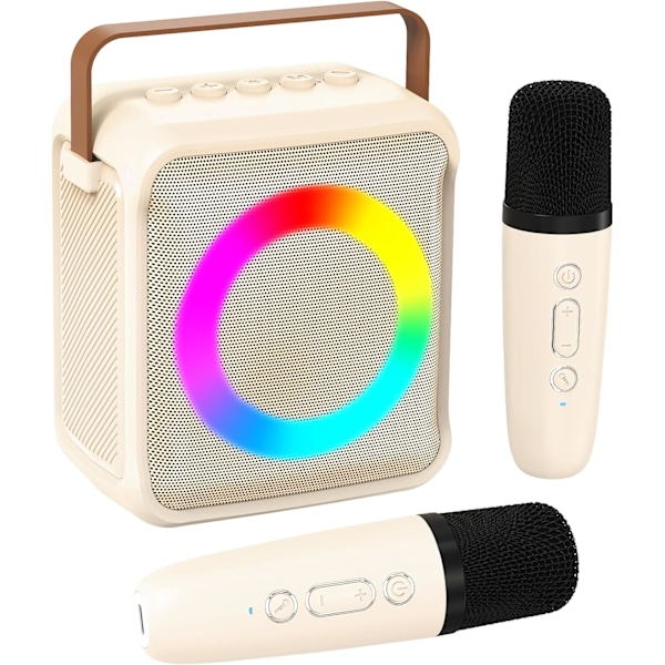 Karaokeleker for barn og voksne med 2 mikrofoner, bærbar karaoke maskin med LED-lys og stemmeeffekter, gaver for alder 3-18 gutter jenter 2 Mic Beige