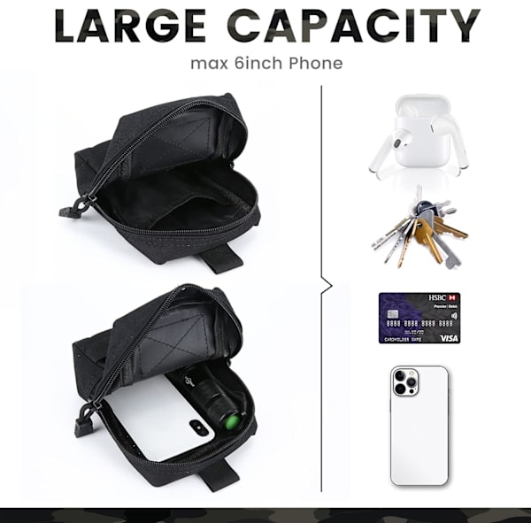 2-pack taktisk väska, midjeväska, EDC-väska, militär liten utrustningsväska för utomhusjakt, camping, vandring, trekking