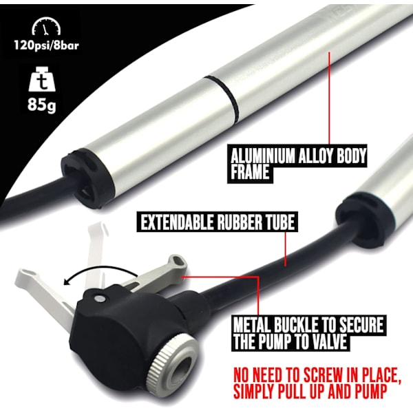 Mini-pyöränpumppu Kannettava Pyöränpumppu Presto- ja Schrader-venttiileillä Alumiiniseos 120psi Korkeapaineinen Pyöränrenkaiden Pumppu