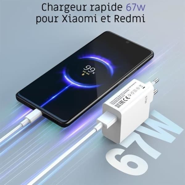 67W Hurtiglader + 1M 6A USB-C Kabel til Xiaomi Redmi 13C, Redmi Note 13 4G-5G, Redmi Note 13 Pro 4G-5G, Note 13 Pro+ 5G