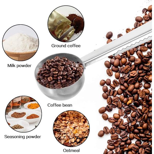 Kaffe Måleske Seglklips, Rustfrit Stål Malet Kaffe Kaffe Ske Spatel med Pose Seglklips 2 i 1