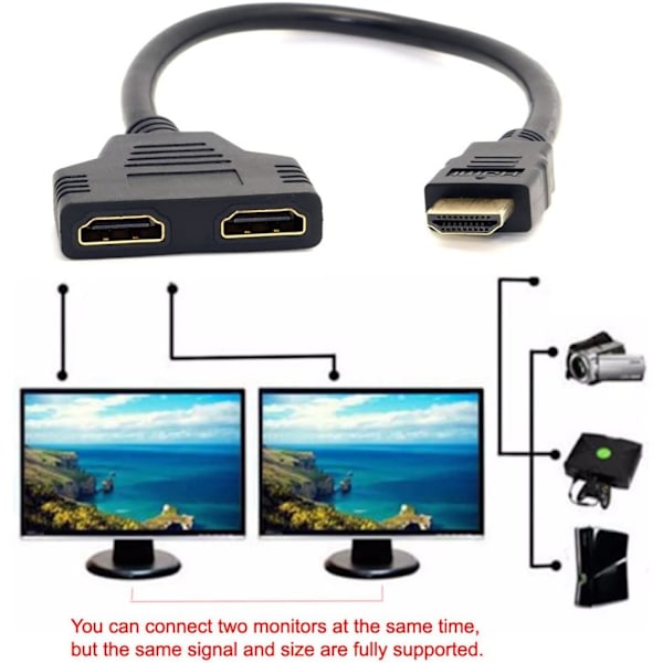 HDMI-hane till 2 HDMI-hona 1 in 2 ut Splitterkabeladapterkonverter