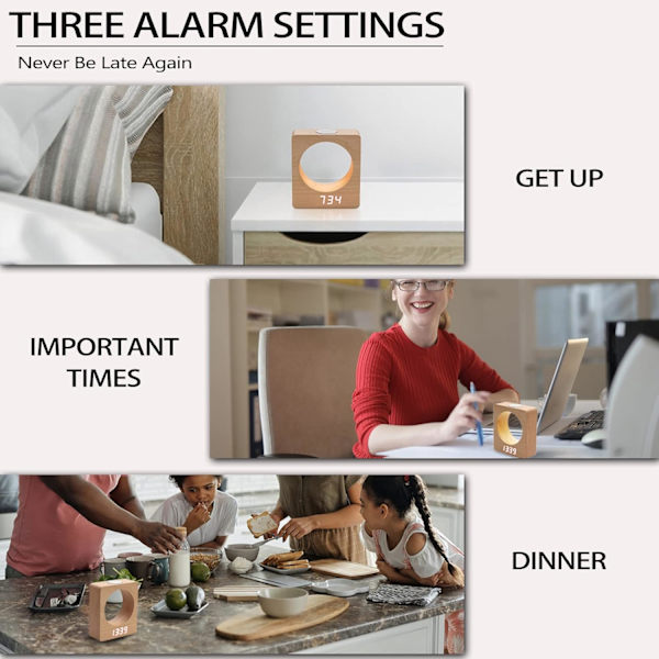 Træ Digital Lydløs Alarmur Med Lys, Digital Alarmure Alarmur Ved Sengen Led Alarmur