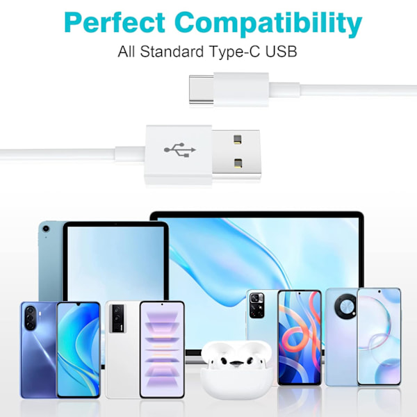 USB-C Laderkabel 2-pakning 3FT/1M USB A til USB-C Kabel Rask Lading Kompatibel - Hvit