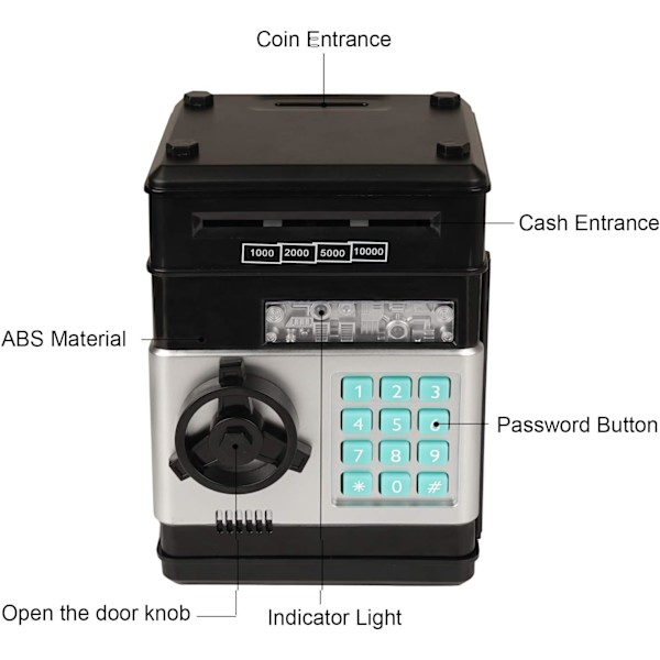 Elektronisk spargris, Mini ATM lösenord sparbössa kontanter mynt sparbössa för barn, tecknad säker bankbox perfekt leksaks gåvor för pojkar flickor Black