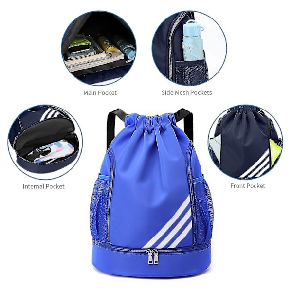 Vanntett Trekksekk Sports Gym Bag Med Sko-Rom, Vanntett Trekksekk For Menn Kvinner Blue