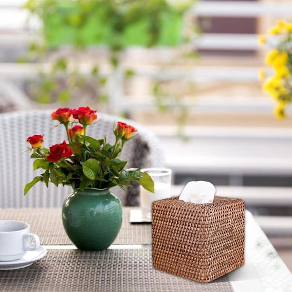 Rattan fyrkantig servetthållare Dekoration Servett Organizer Box Cube Servettpappershållare Box Servettförvaringsfodral Dispenser Servett Organizer, Brun