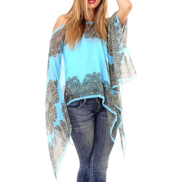 Kvinners stranddekke i chiffon, skjerf og sjal i paisley-design, strandkjole, badetøydekke (lyseblå)