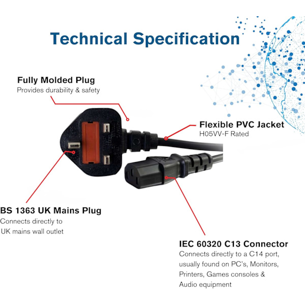 1,5 Meter UK Strömkabel (IEC320C13 till BS 1363) Vattenkokare Sladd/Strömkabel, Svart