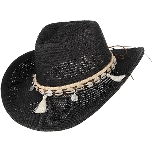 Sommerstrohat til kvinder - Cowboy Cowgirl Hat med bred skygge - Strandferie - Strohat med skalbånd Black