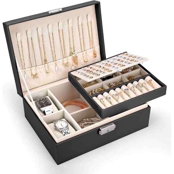 2-lags Stor Smykke Organiser Box, PU Læder, Smykke Organiser til Øreringe Ringe Halskæder Ure Armbånd Black