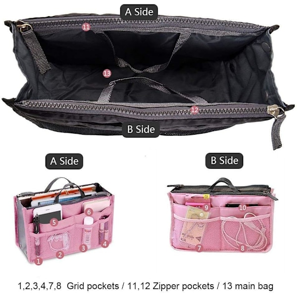 Dame Rejsetaske Slip Bag Håndtaske Organizer Pung Foret Kosmetik 13 Tasker Sort