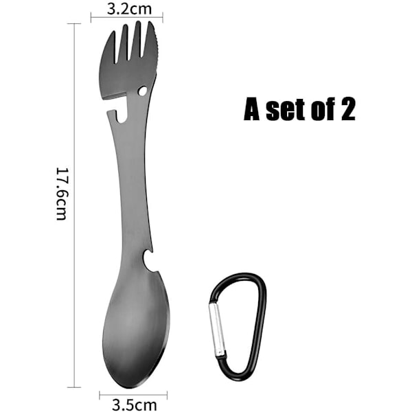 2-pack resekit bestickset i rostfritt stål, gaffel, sked, flasköppnare, 5-i-1, för camping, vandring, fiske