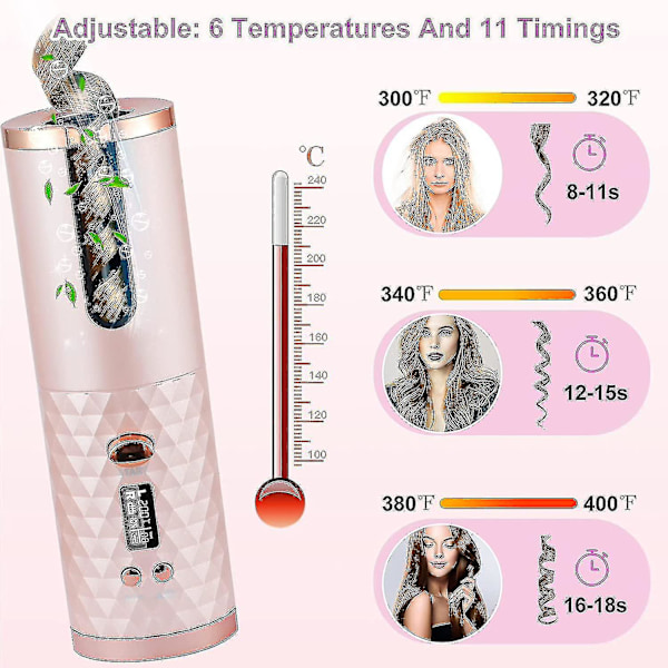 Trådløst automatisk hårkrøllerverktøy Bærbar ledningsfri krølltang med LCD-farge rosa