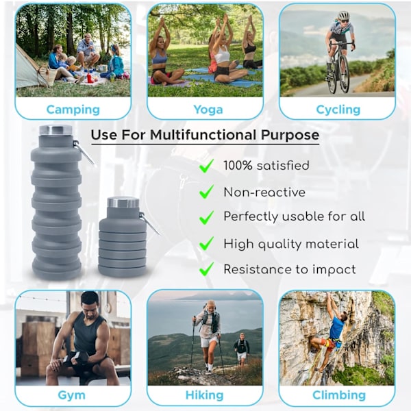 Sammenklappelig Vandflaske Silikon Rejse Essentials Foldbar Gym Flaske Lækagesikker Vandreture Tilbehør, Sammenklappelig Vandflaske 500ml Gray