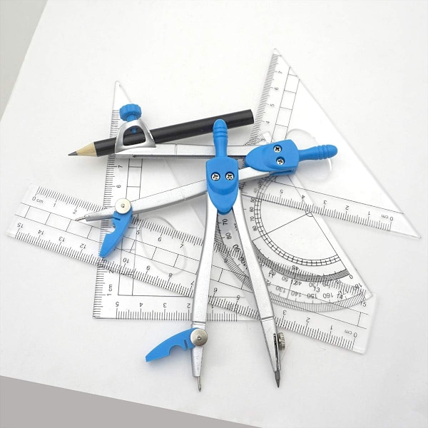 Geometriakompassisetti 10 osaa, koulujen matematiikan kulmamittarisetti, viivain opiskelijoille matematiikkaan ja tekniikkaan, kannettava kotelo, sininen