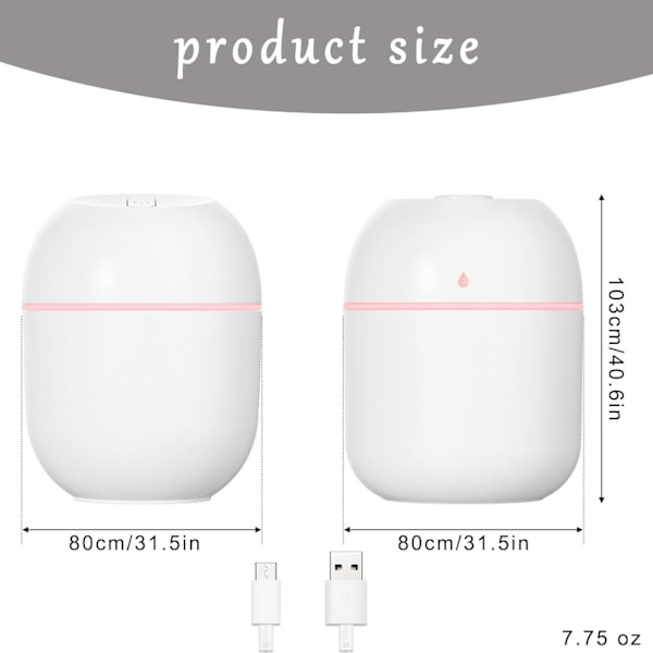 220ML Luftfuktare för Sovrum USB Elektrisk Ultraljuds Luftfuktare, Oljediffusor med LED-ljus, Justerbart Dimmläge & Vattenlös, Tyst Drift