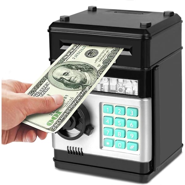 Elektronisk spargris, Mini ATM lösenord sparbössa kontanter mynt sparbössa för barn, tecknad säker bankbox perfekt leksaks gåvor för pojkar flickor Black