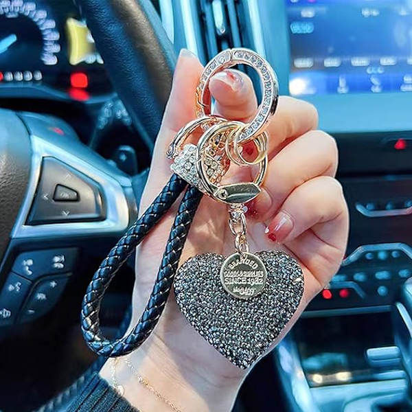 Hjerte nøglering Håndtaske Charms Tilbehør Rhinestone Hjerteform Hjerte Bilnøglekæde Ring Gave til Kvinder Piger Black